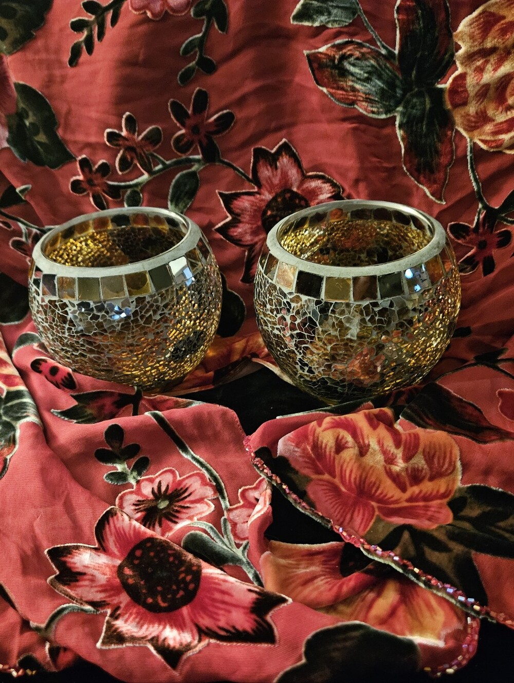 Handcrafted Mosaic Votive Candle Holders - Golden, Bronze and Silverish Accent
